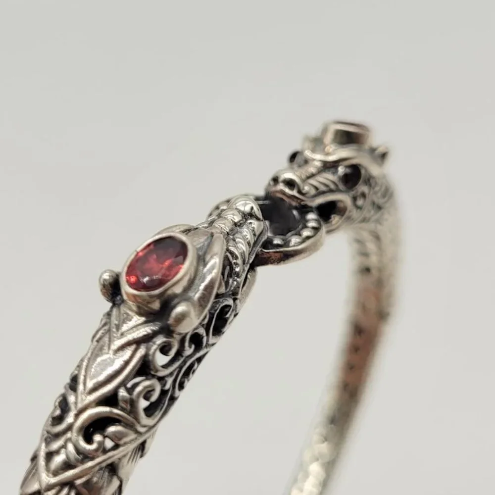 Sterling Silver Dragon Head Bangle Bracelet - Silver